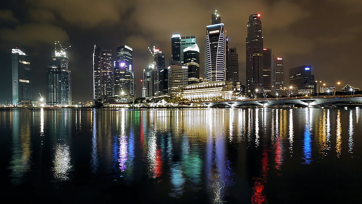 city skyline, singapore, night, building, reflection, colorful, HD wallpaper