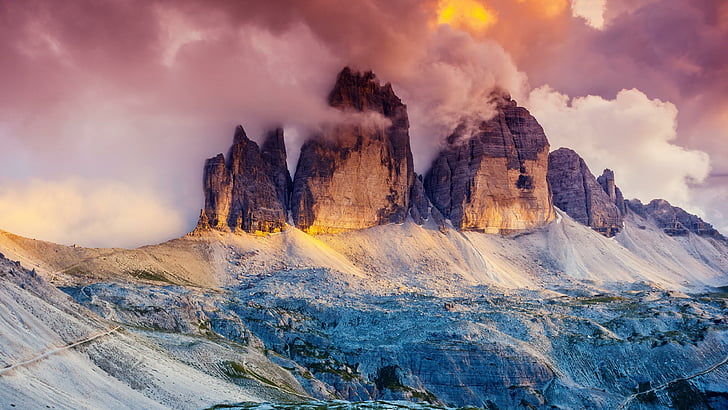 glühen, nebel, berg, dolomiten, drei gipfel, südtirol, baum, nationalpark, tre cime di lavaredo, italien, HD-Hintergrundbild