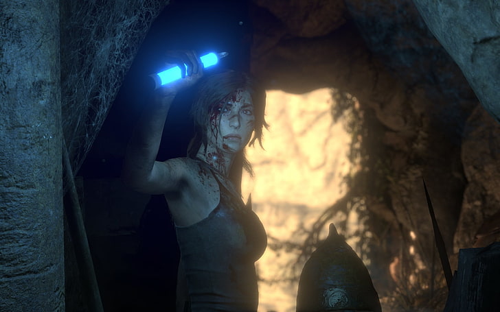 Tomb Raider, Lara Croft, tongkat cahaya, gua, video game, Rise of the Tomb Raider, Wallpaper HD