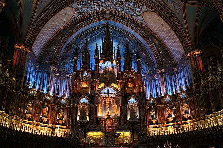 altar, ancient, architecture, art, building, cathedral, ceiling, church, detailed, gothic, indoors, intricate, landmark, lighting, montreal, notre dame basilica, ornate, religion, religious, sculpture, spirituality, HD wallpaper