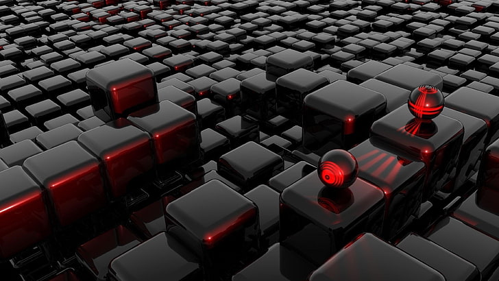 красный, компьютерная графика, куб, 3d, цифровое искусство, кубики, сфера, шар, темно, HD обои