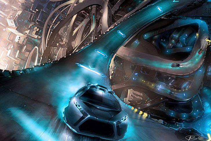 schwarzes Auto digitale Tapete, Straße, futuristisch, Science-Fiction, futuristische Stadt, Fahrzeug, HD-Hintergrundbild