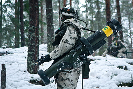 армия, силы обороны Финляндии, зима, ракетная установка, снег, камуфляж, солдат, HD обои HD wallpaper