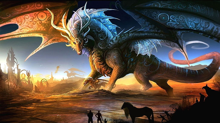 papier peint dragon brun, dragon, cheval, hommes, art fantastique, ailes, illustration, Fond d'écran HD