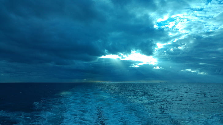 cloudy, sea, sky, ocean, horizon, blue landscape, water, calm, seascape, cloud, azure, cumulus, sunlight, wave, HD wallpaper