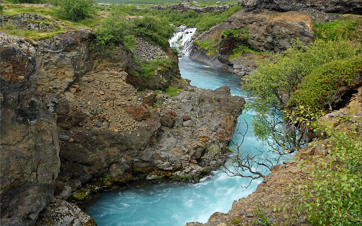Flussfluss, Felsen, Fluss, Gras, Steine, Fluss, Büsche, HD-Hintergrundbild