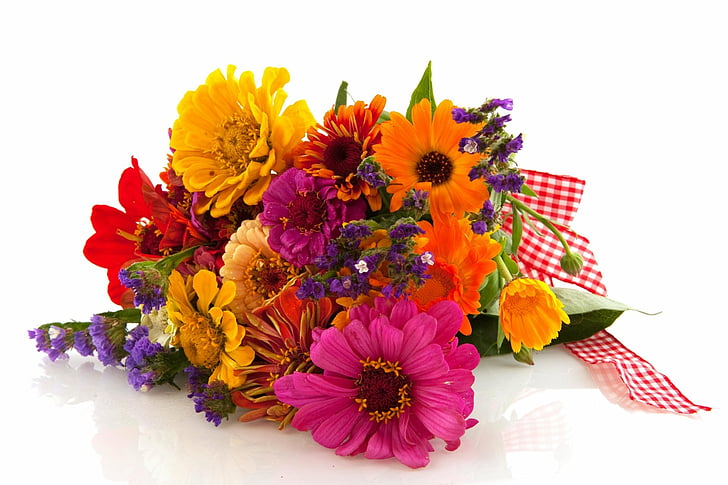 Man Made, Flower, Bouquet, Colorful, Colors, Gerbera, Orange Flower, Pink Flower, Purple Flower, Red Flower, Ribbon, Yellow Flower, Zinnia, HD wallpaper
