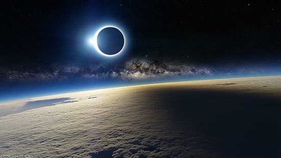 real space, milky way, solar eclipse, sun, moon, earth, eclipse, stars, sky, HD wallpaper HD wallpaper