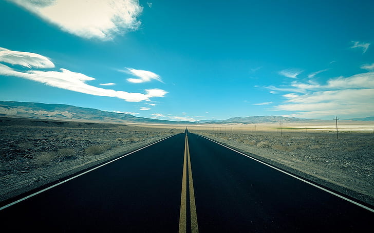 landscape, highway, long road, desert, road, hills, power lines, HD wallpaper