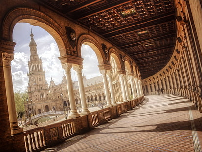 Sevilla, Plaza de España, Sevilla, Plaza de España, Andalusien, Andalusien, Spanien, Platz, Brunnen, Brücke, Säulen, Menschen, HD-Hintergrundbild HD wallpaper