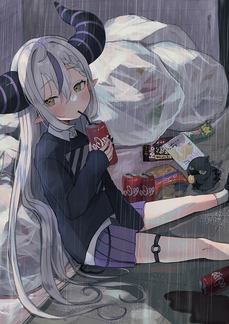anime, anime girls, Virtual Youtuber, Hololive, Laplus Darkness, vertical, Coca-Cola, rain, horns, pointy ears, black nails, painted nails, HD wallpaper