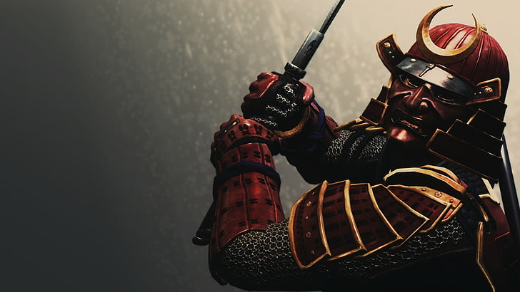 samurai digital wallpaper, rendering, background, armor, helmet, Samurai, HD wallpaper