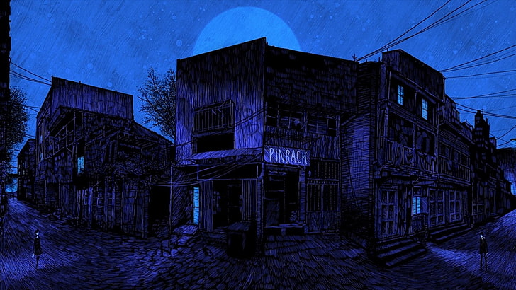 rumah beton hitam, karya seni, anime, malam, bangunan, Wallpaper HD