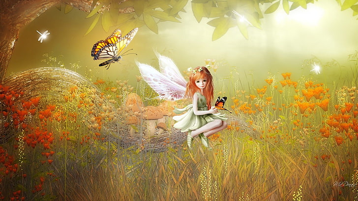 Fantasy, Fairy, Artistic, Butterfly, Field, Girl, Little Girl, Poppy, Spring, HD wallpaper