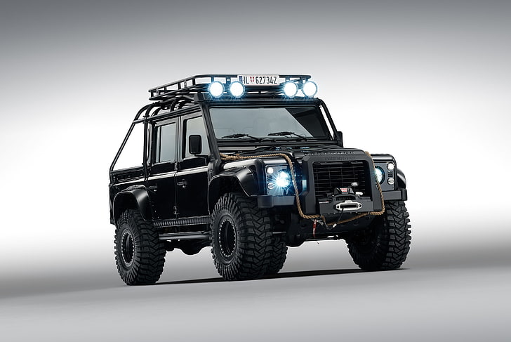 black off-road vehicle, Land Rover, defender, James Bond, 2015, Defender 110, 007 Spectre, James baud, HD wallpaper