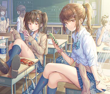  anime girls, original characters, Hirokazu, schoolgirl, school uniform, classroom, HD wallpaper HD wallpaper