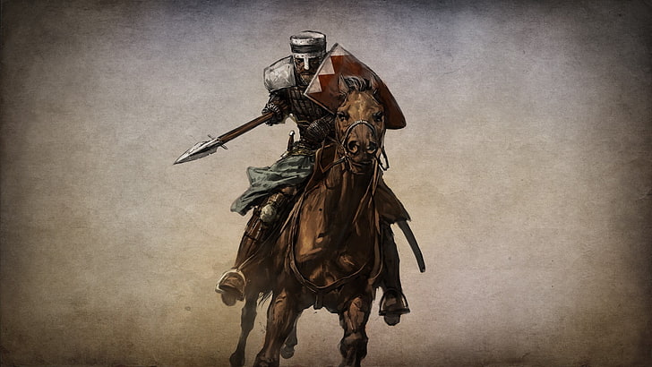 cavaliere a cavallo illustrazione, Monte e lama, cavalleria, cavallo, cartone animato, guerriero, scudo, cavaliere, fantasy art, Sfondo HD