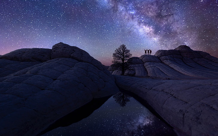 milky way sky astro-HD Photo Wallpaper, silhouette photography of three person standing on rock formation at night, HD wallpaper