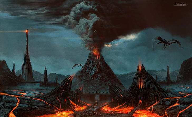 произведения на изкуството, Barad, Concept Art, dûr, фентъзи изкуство, Lava, mordor, Mount Doom, Nazgûl, Sauron, The Eye of Sauron, The Lord of the Rings, HD тапет