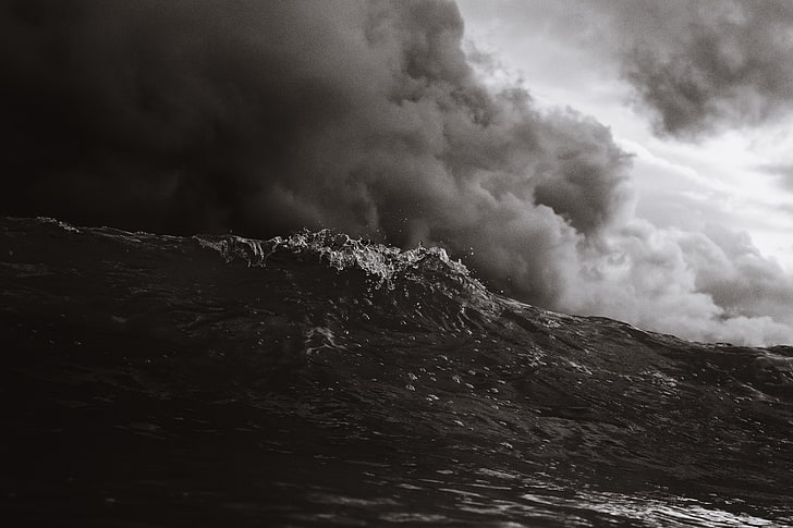 fotografia em tons de cinza de ondas da praia, natureza, paisagem, nuvens, praia de Bondi, Austrália, ondas, água, monocromático, tempestade, HD papel de parede
