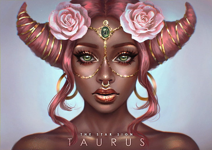 Zodiac ~ Taurus, pink, horns, art, frumusete, brown, luminos, rose, zodiac, fantasy, girl, taurus, serafleur, face, jewel, HD wallpaper