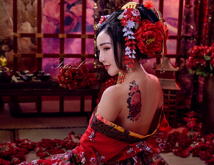 Asian, women, model, black hair, back, bare shoulders, kimono, hair accessories, flowers, tattoo, women indoors, HD wallpaper