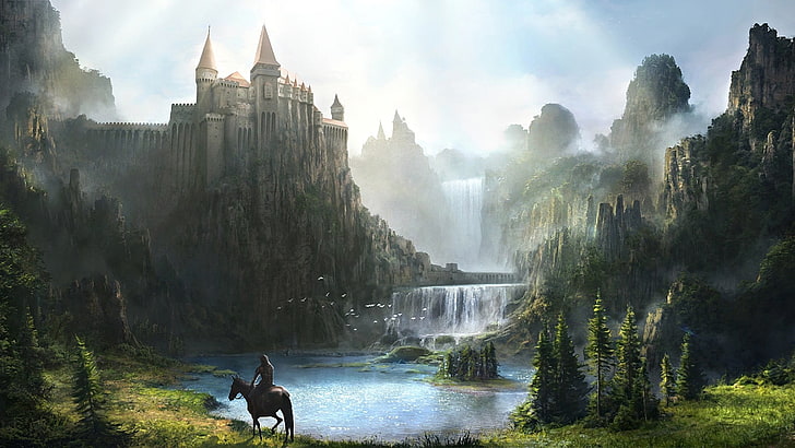 brown castle illustration, mountains, river, castle, rocks, horse, waterfall, armor, art, rider, fortress, HD wallpaper