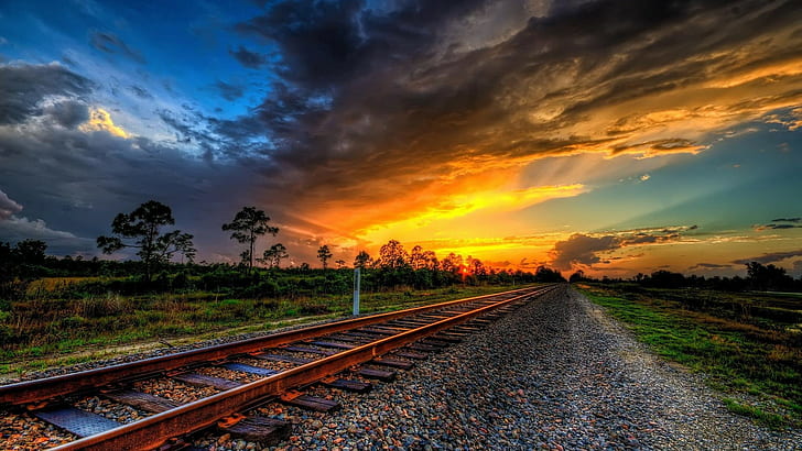 Ferrocarril, puesta de sol, HDR, Fondo de pantalla HD | Wallpaperbetter