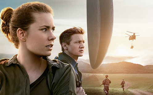 field, fiction, collage, helicopter, soldiers, poster, spaceship, aliens, Jeremy Renner, Amy Adams, Arrival, HD wallpaper HD wallpaper