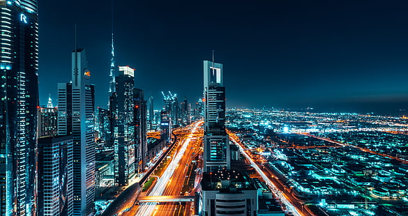 Fotografía aérea de edificios de gran altura, Dubai, Paisaje urbano, Noche, 4K, 8K, Fondo de pantalla HD HD wallpaper