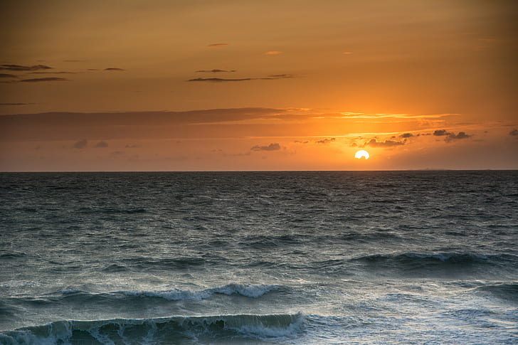 ocean during sunset, Sea, ocean, sun, Sunset, mer, beach, normandie, france, nikon  d7100, cloud, plage, nature, wave, summer, sky, water, dusk, sunlight, HD wallpaper