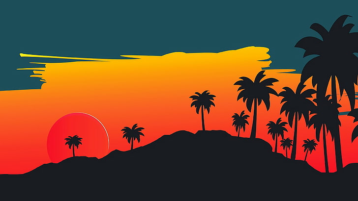 cielo, arancia, sagoma, palme, tramonto, albero, minimo, illustrazione, grafica, paesaggio, arte, Sfondo HD