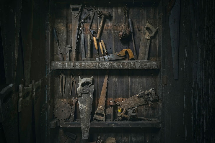 brown carpentry tool lot, tools, HD wallpaper