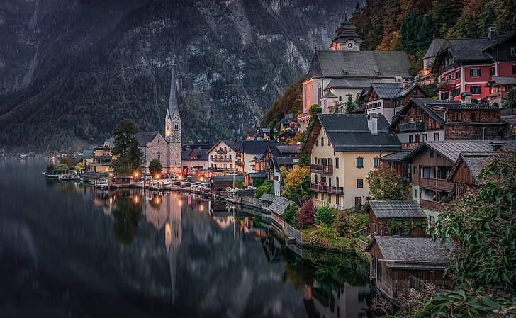 mountains, lake, reflection, building, home, Austria, Alps, Hallstatt, Lake Hallstatt, HD wallpaper