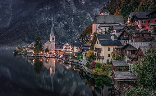 dağlar, göl, yansıma, bina, ev, Avusturya, Alpler, Hallstatt, Hallstatt Gölü, HD masaüstü duvar kağıdı HD wallpaper