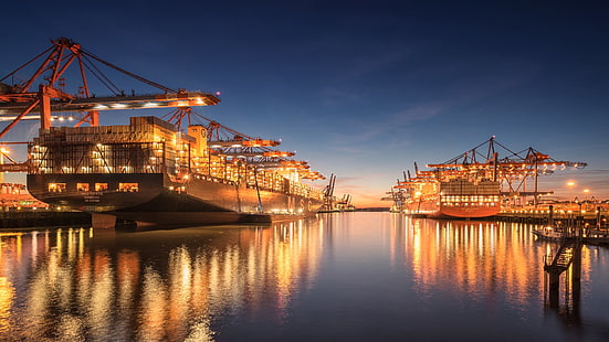 Künstlich hergestellt, Werft, Containerschiff, Kran, Abenddämmerung, Hafen, Ozean, Schiff, HD-Hintergrundbild HD wallpaper