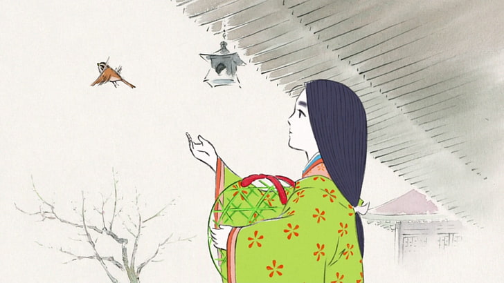mulher vestindo obras de arte de mangas compridas florais verdes e vermelhas, The Tale of Princess Kaguya, princesa, Kaguya, filmes de animação, Studio Ghibli, anime, HD papel de parede