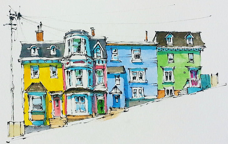 многоцветни къщи илюстрация, боя, фигура, дом, акварел, HD тапет
