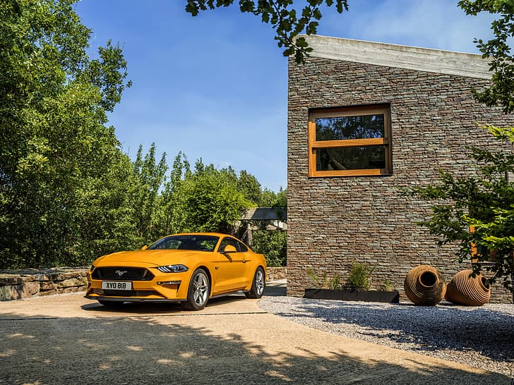 orange, wall, Ford, 2018, fastback, Mustang GT 5.0, HD wallpaper