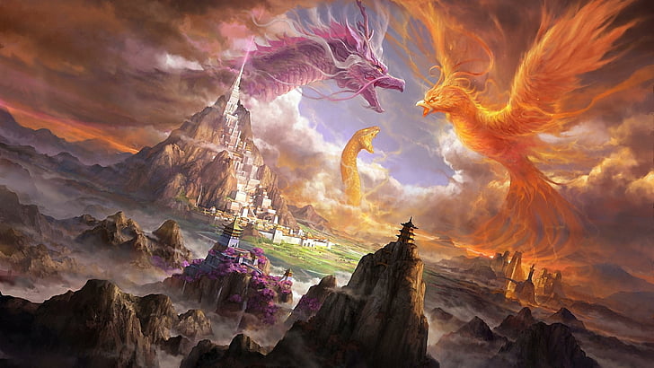 art, phoenix, dragon, snake, digital art, digital, castle, landscape, peaks, HD wallpaper