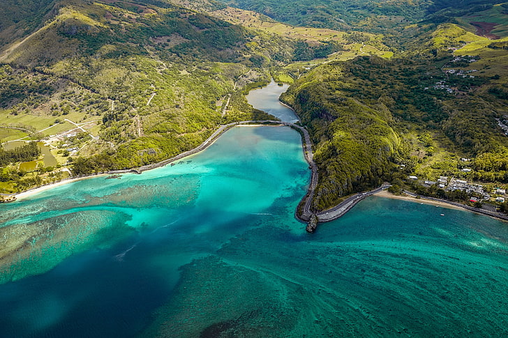 island, aerial view, ocean, coast, maconde, mauritius, HD wallpaper