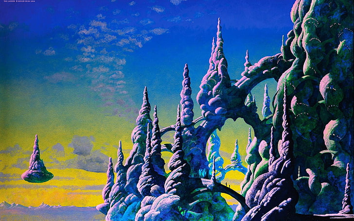 Fantasy-Kunst, Himmel, Wolken, schwimmende Insel, Malerei, Kunstwerk, Brücke, Menschen, Rock, Silhouette, Roger Dean, HD-Hintergrundbild