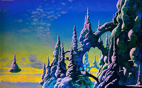 fantasikonst, himmel, moln, flytande ö, målning, konstverk, bro, människor, sten, siluett, Roger Dean, HD tapet HD wallpaper