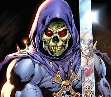 Skeletor, arte de fantasía, He-Man y los Maestros del Universo, cráneo, ojos rojos, espada, reflejo, Fondo de pantalla HD HD wallpaper