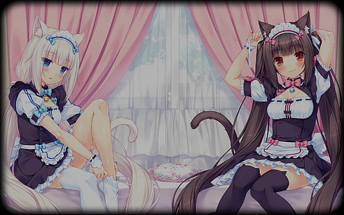 Neko Para, Vanilla (Neko Para), Chocolat (Neko Para), anime girls, maid outfit, thigh-highs, HD wallpaper HD wallpaper