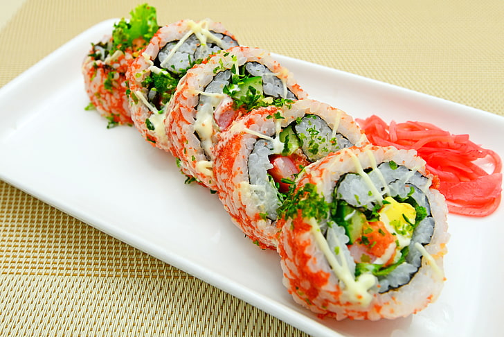 rice roll dish, rolls, sushi, Japanese cuisine, ginger, HD wallpaper