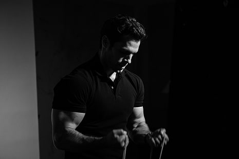 t-shirt, actor, black and white, muscles, athlete, biceps, Henry Cavill, Men's Fitness, Felix, HD wallpaper HD wallpaper
