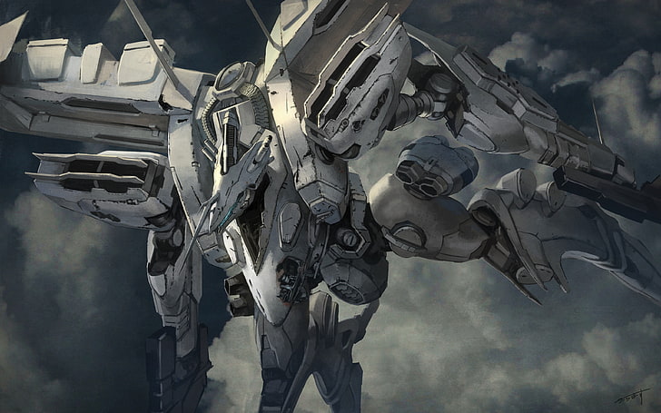 illustrazione di robot grigio, mech, arte digitale, nucleo corazzato per risposta, nucleo corazzato, luccichio bianco, Sfondo HD