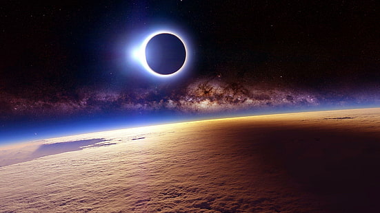 éclipse, voie lactée, espace, terre, atmosphère de terre, atmosphère, ciel, espace extra-atmosphérique, planète, phénomène, objet astronomique, horizon, univers, éclipse solaire, événement céleste, Fond d'écran HD HD wallpaper