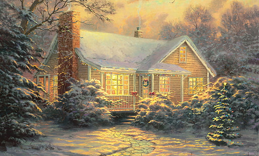 snow covered house painting, winter, snow, decoration, lights, new year, picture, the evening, tree, twilight, painting, cottage, Thomas Kinkade, Christmas, Christmas Cottage, christmas decoration, HD wallpaper HD wallpaper